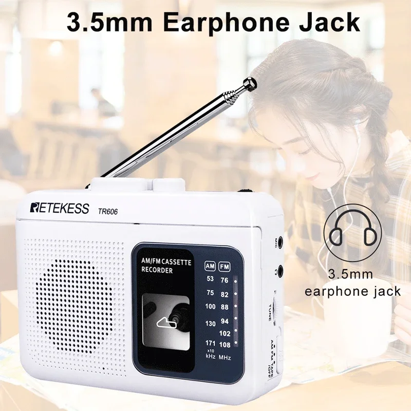 Retekess TR606 Radio de reproducción de casete blanco FM/AM grabadora de voz portátil compatible con micrófono incorporado/externo grabación USB C