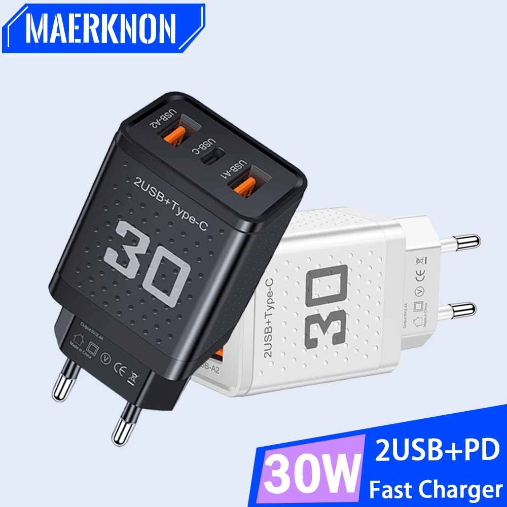 Cargador USB tipo C de carga rápida, adaptador de pared de 3 puertos para iPhone, Samsung, Xiaomi, Huawei, enchufe europeo y estadounidense, 30W
