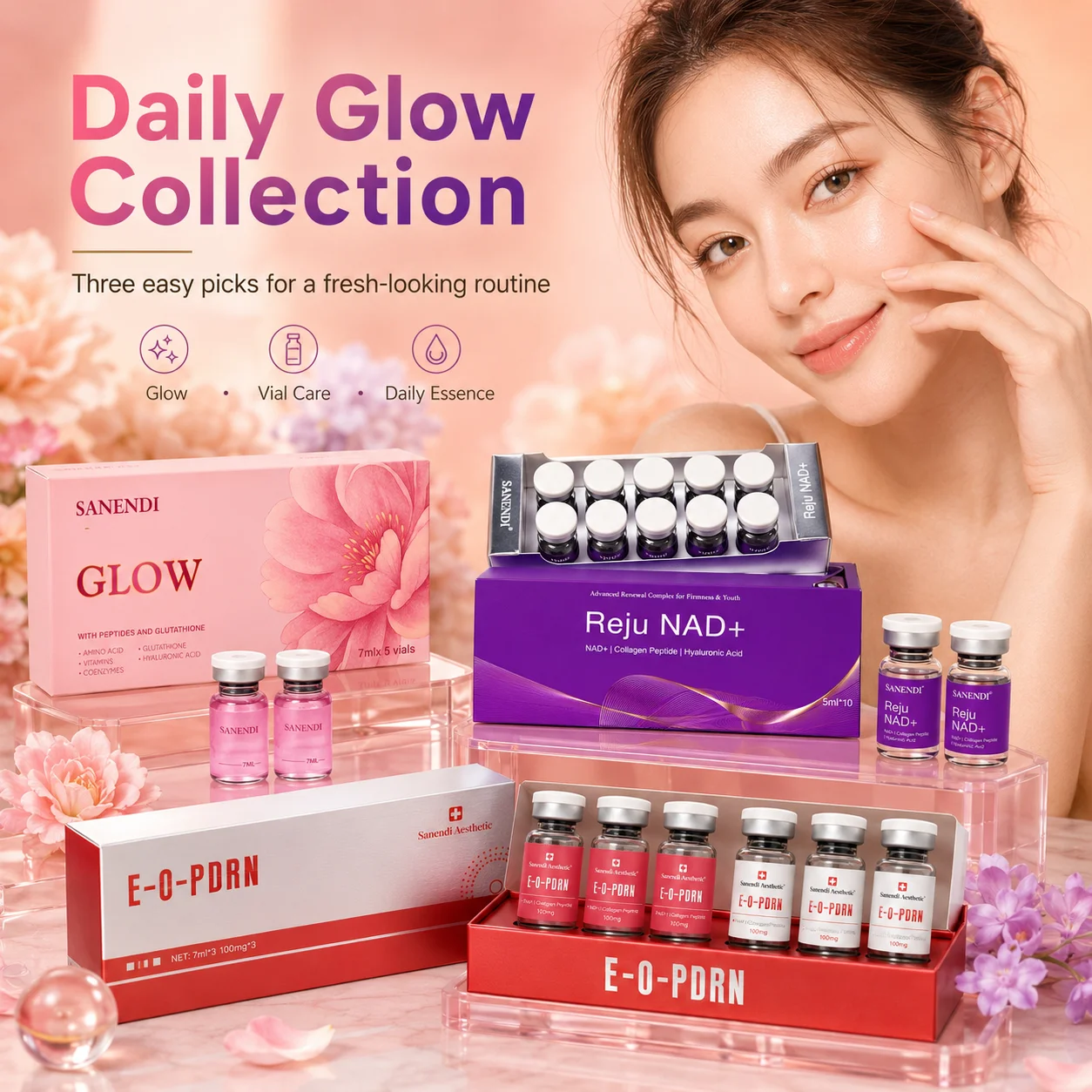 Kit de Belleza Coreana Más Vendido: NAD Exosme GSH, SANENDI Glutatión Rosa PDRN, Suero Hidratante Iluminador para el Cuidado Facial, Der.pen