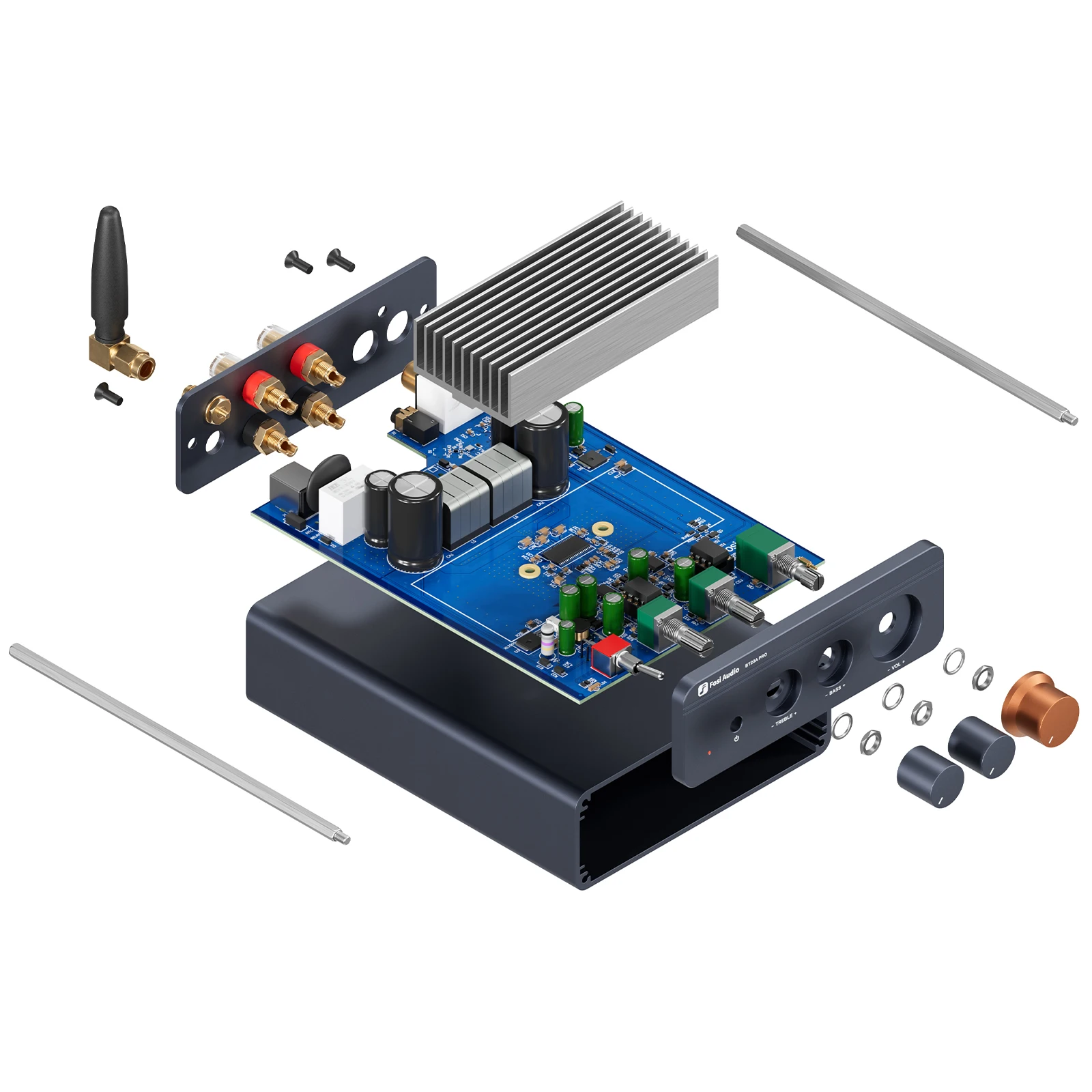 Amplificador de Sonido Bluetooth Fosi Audio TPA3255, 300W x2, Mini HiFi Estéreo Clase D, Bajos y Agudos, para Cine en Casa
