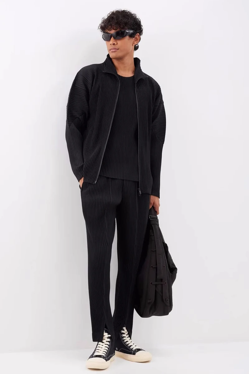 Chaqueta Plisada Miyake para Hombre, Cierre de Cremallera Bidireccional, Estilo Casual Holgado, Moda Japonesa, Ropa de Calle