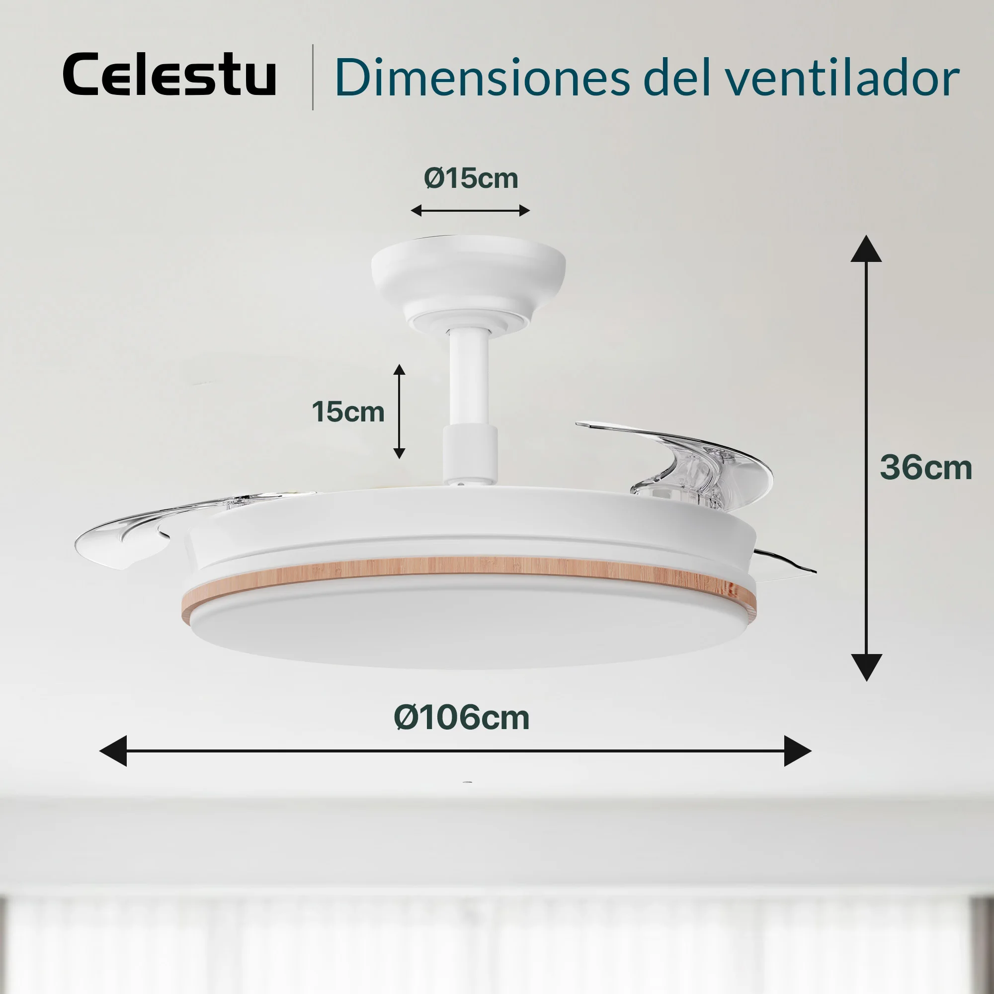Ventilador de techo con luz led con mando,temporizador, 8 velocidades, aspas retráctiles, 3 temperaturas de luz, CCT Silencioso, Intensidad Regulable