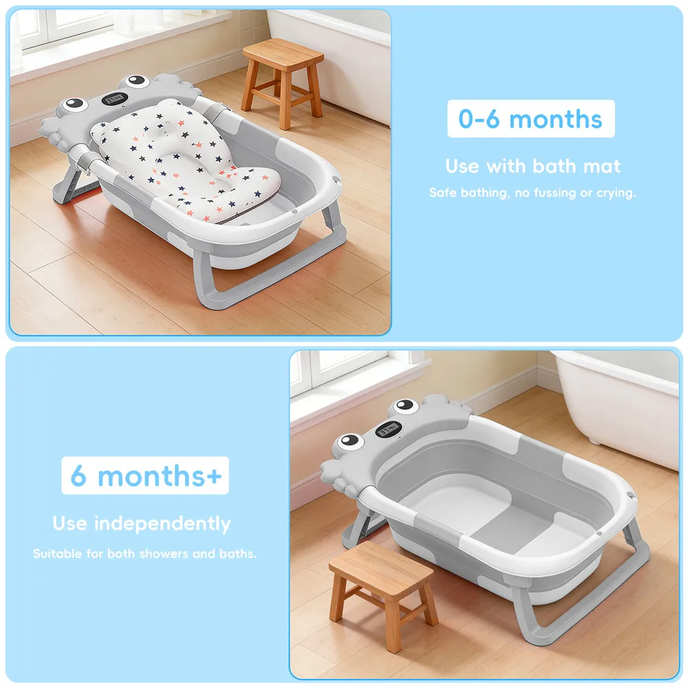 Bañera Plegable para Bebés con Sensor de Temperatura y Alfombrilla Antideslizante, Soporte de Cojín, Bañera Portátil para Recién Nacidos de 0 a 36 Meses, Piscina de Baño para Viajes