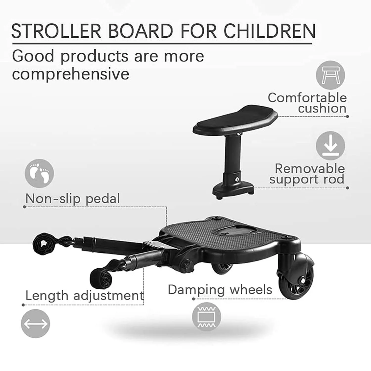 Plataforma Universal para Cochecito con Asiento Desmontable 2 en 1, Adaptador de Pedal Auxiliar, Plataforma para Niños, Carga 25 kg, para Segundo Niño, Gemelos, Scooter, Accesorios para Cochecito