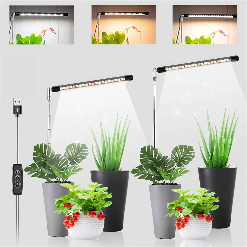 Lámpara LED de Cultivo para Plantas de Interior, Espectro Completo, Regulable, con Temporizador, para Plántulas, Vegetales y Flores, Altura Ajustable