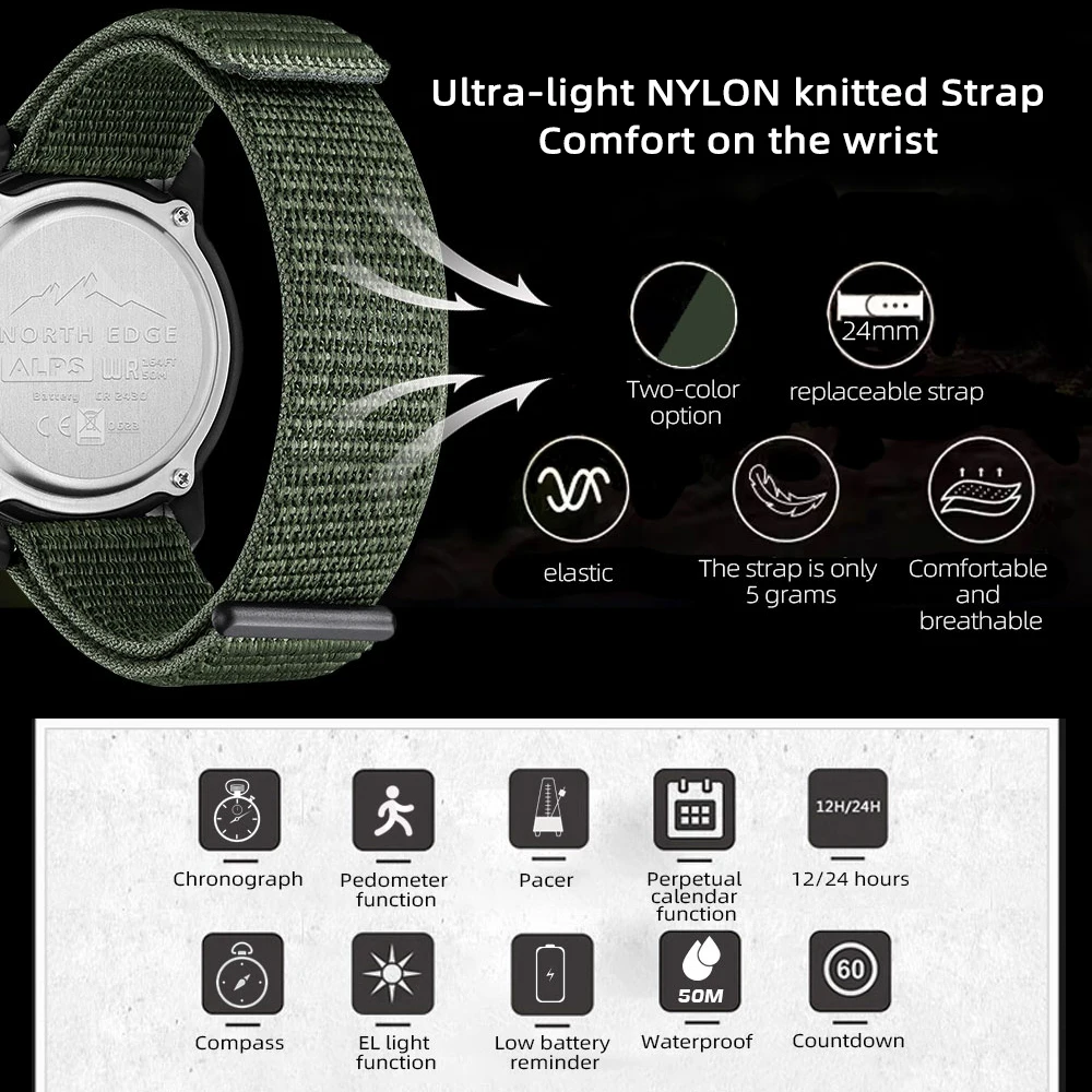 NORTH EDGE ALPS Reloj Digital de fibra de carbono para hombre Shock Militray Sports Super ligero Brújula para exteriores Relojes de pulsera impermeables de 50 M