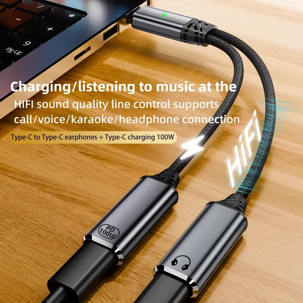 Adaptador de cargador y auriculares USB C 2 en 1 USB C a conector de audio auxiliar con cable Dongle de carga rápida PD 100W para Galaxy S23