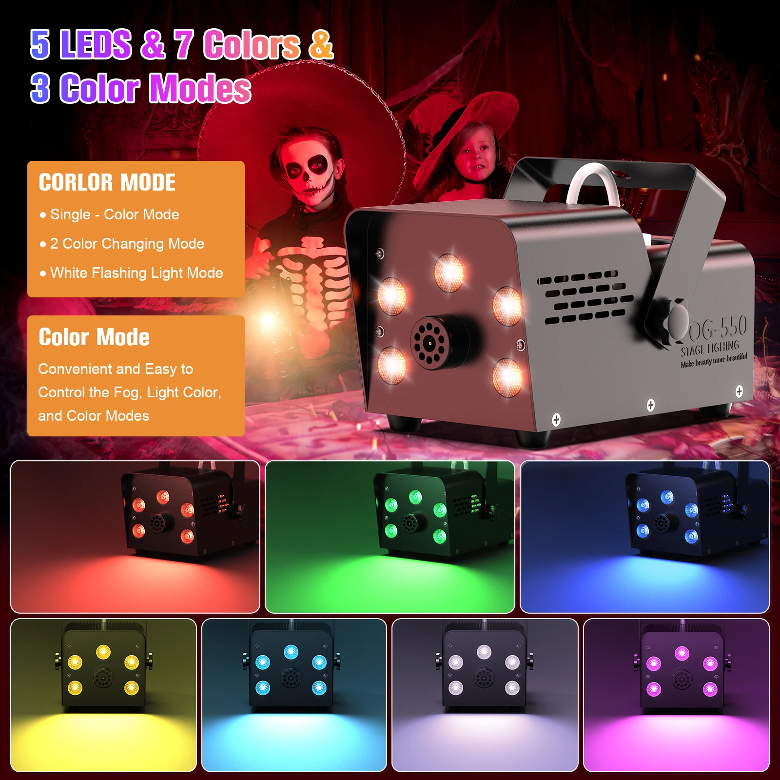 Máquina de Humo Gwong de 600W con 5 LED RGB de Colores, Generador de Niebla para Efectos Especiales en Escenarios, Bodas, Halloween y Espectáculos de DJ