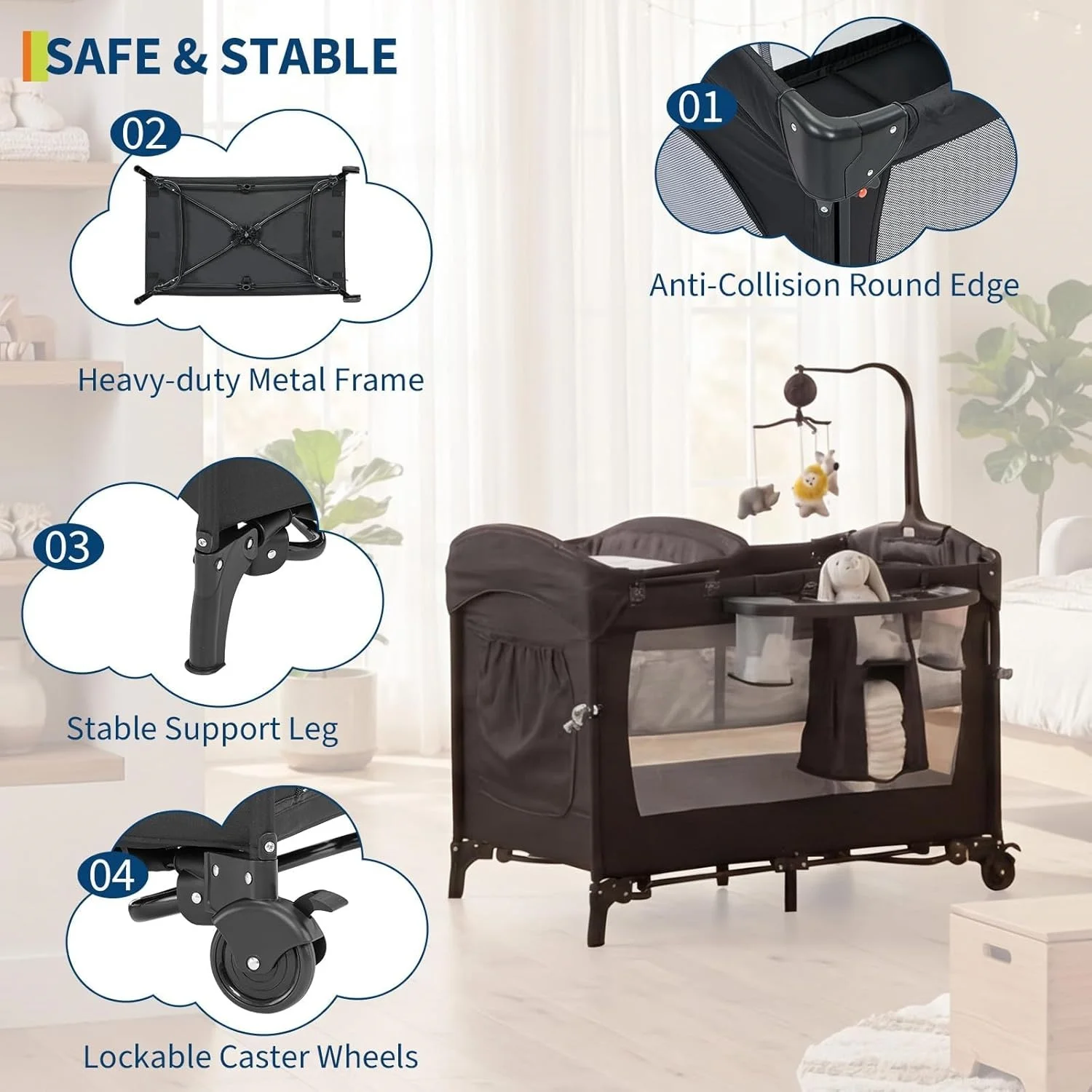Cuna 4 en 1 para bebé y cuna para dormir de lado, cuna de viaje con cambiador incluido, colchón, bolsa de almacenamiento y colgador para juguetes para recién nacidos y niños pequeños