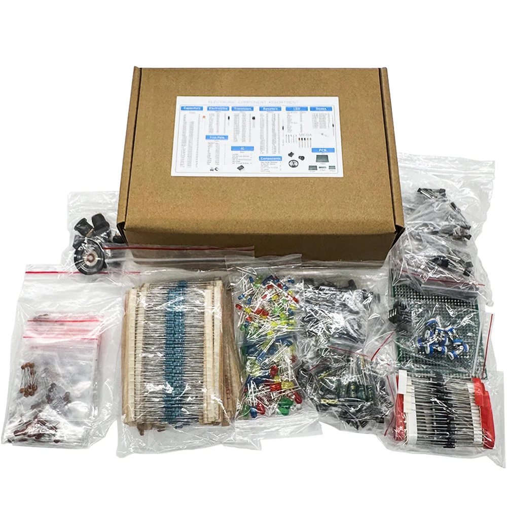 Kit de Componentes Electrónicos de 1900 Piezas: Condensadores, Resistencias, Transistores, Diodos, PCB, IC, para Productos Electrónicos, Bricolaje y Entusiastas