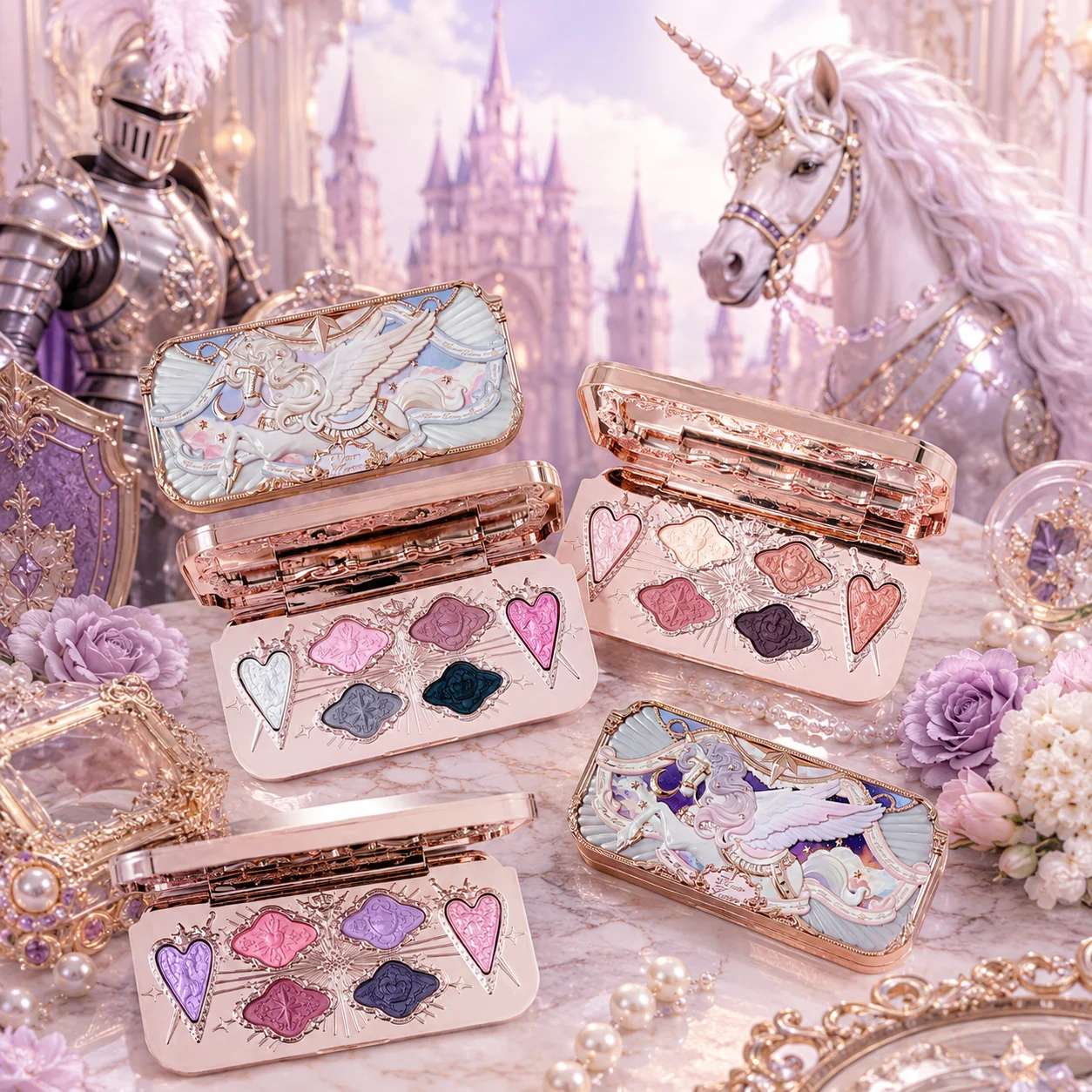 Flower Knows Knight Unicorn Paleta de Sombras de Ojos 6 Colores Acabado Satinado Mate y Brillante Alta Pigmentación Larga Duración Estilo Fairycore Maquillaje Soñado Regalo para Mujer