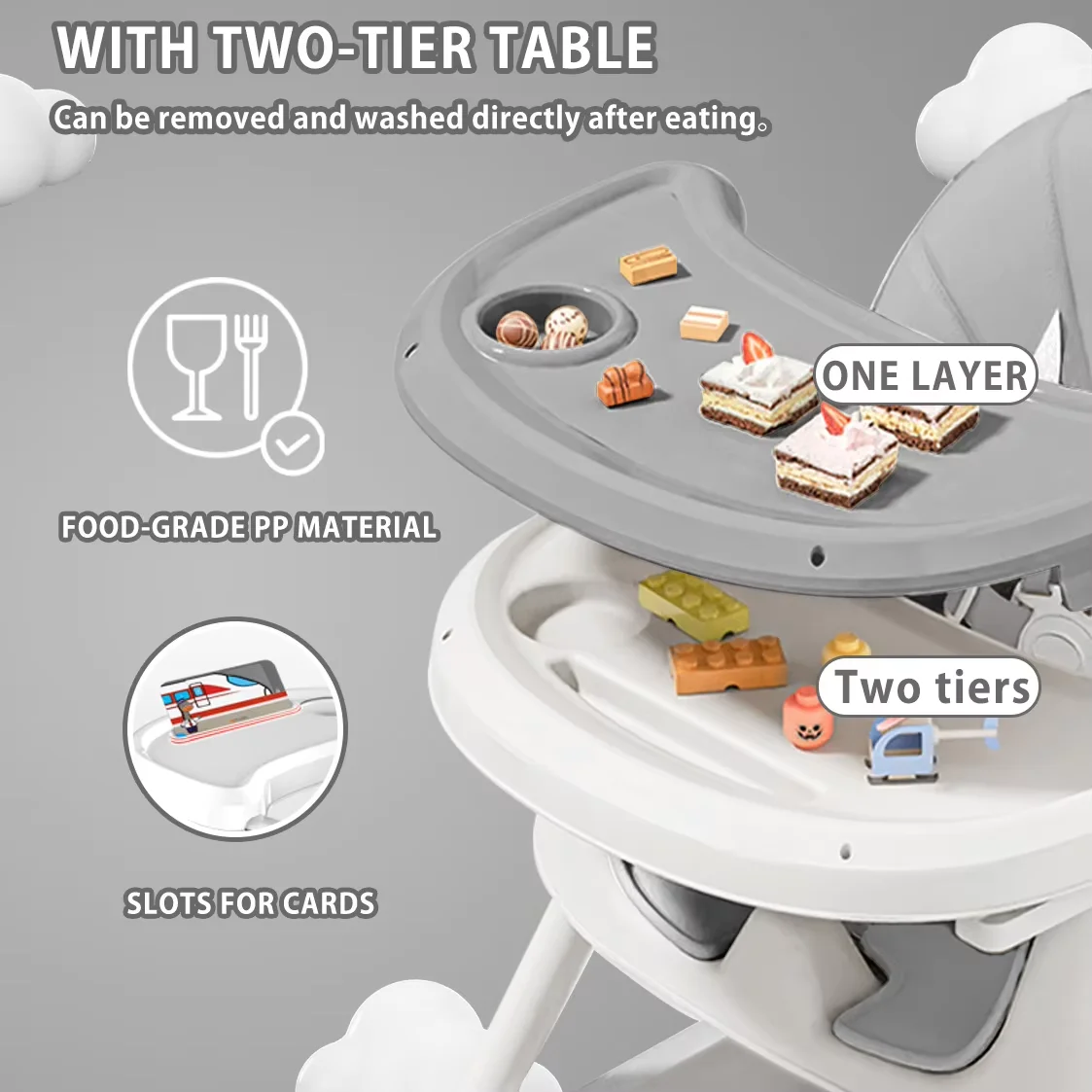 Trona plegable para bebé (6+ meses): almohadilla antideslizante grande, estante para juguetes y diseño de alimentación fácil de limpiar - Modelo E500