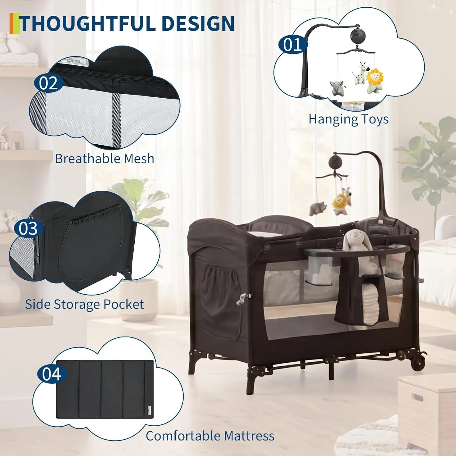 Cuna 4 en 1 para bebé y cuna para dormir de lado, cuna de viaje con cambiador incluido, colchón, bolsa de almacenamiento y colgador para juguetes para recién nacidos y niños pequeños