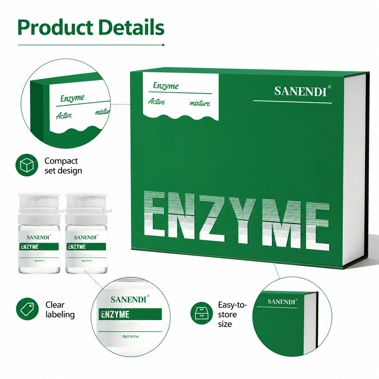 Kit de Cuidado de la Piel con Enzimas SANENDI, Set de Ampollas con Complejo Enzimático Activo, Suavizante Facial, Cuidado del Contorno, Concentrado Profesional para la Piel 10g