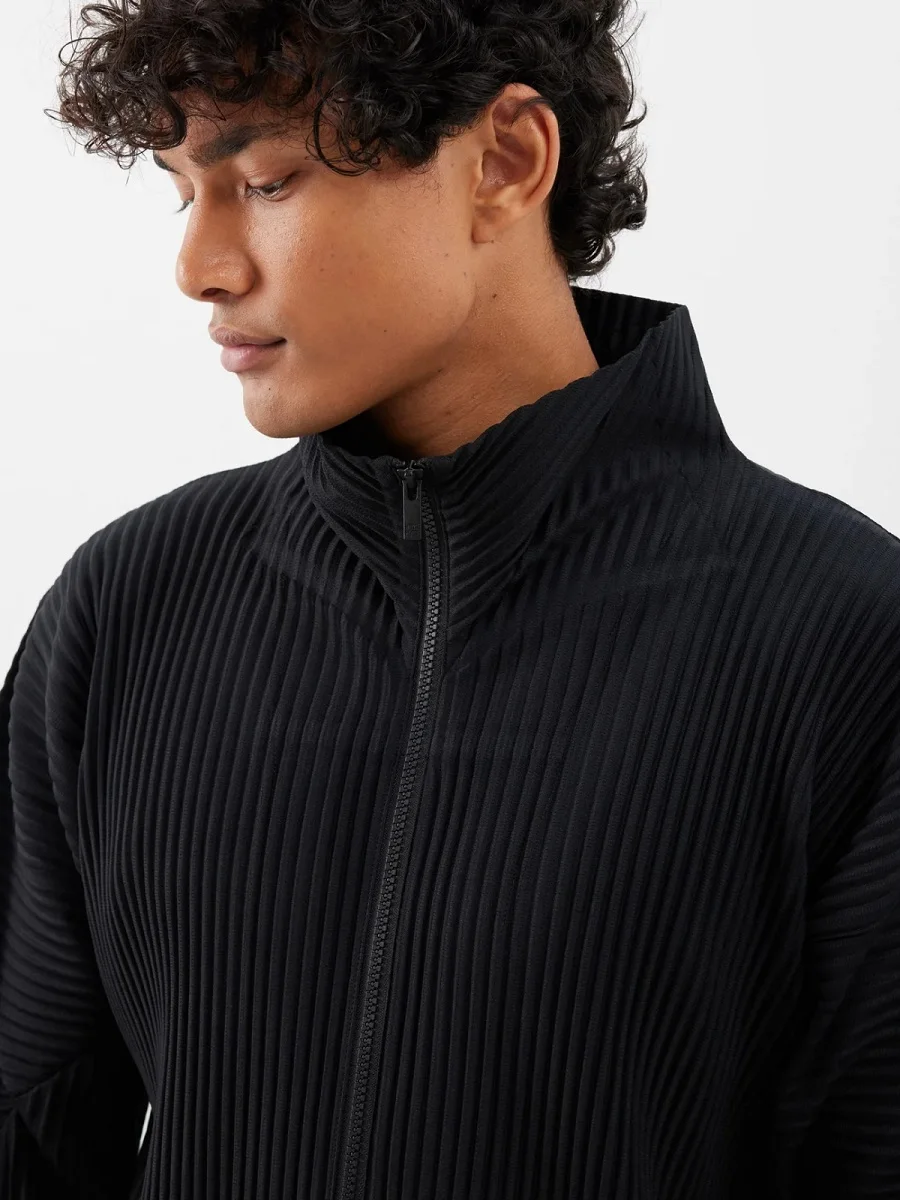 Chaqueta Plisada Miyake para Hombre, Cierre de Cremallera Bidireccional, Estilo Casual Holgado, Moda Japonesa, Ropa de Calle