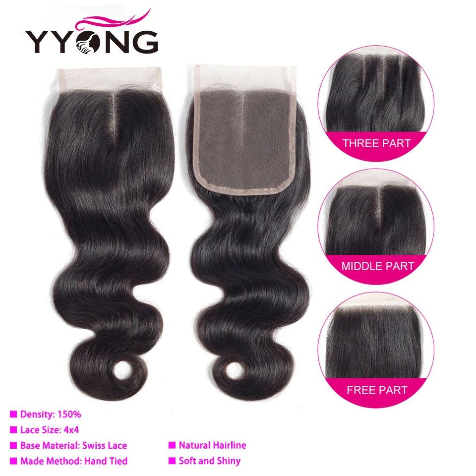 Mechones Yyong Body Wave con cierre, pelo brasileño tejido 3/4 mechones con cierre de encaje, extensiones de cabello humano Remy 4x4 con cierre