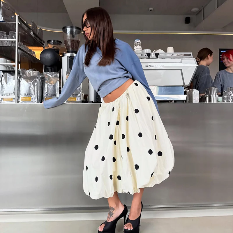 Falda Midi de Burbujas con Estampado de Puntos para Mujer, Elegante Falda de Verano con Cintura Alta, Estilo Vintage, para Vacaciones y Fiestas