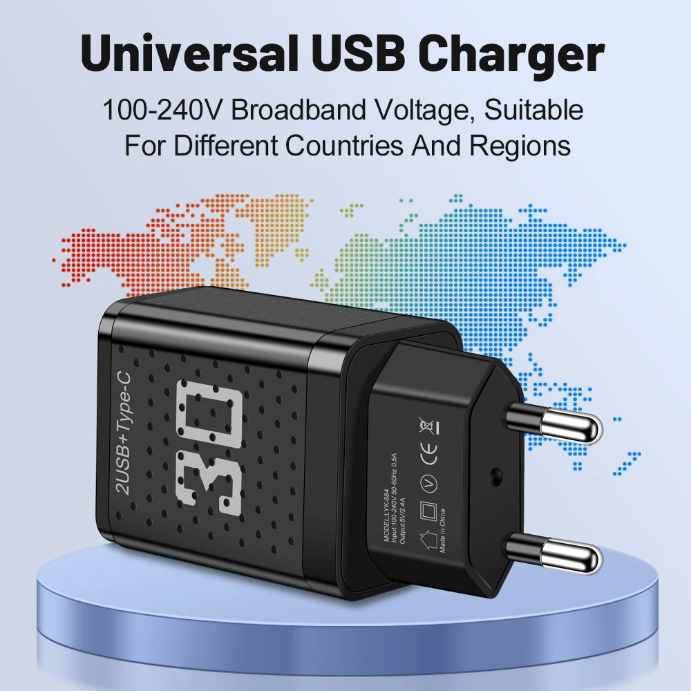 Cargador USB tipo C de carga rápida, adaptador de pared de 3 puertos para iPhone, Samsung, Xiaomi, Huawei, enchufe europeo y estadounidense, 30W