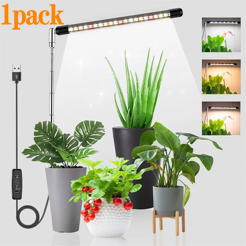 Lámpara LED de Cultivo para Plantas de Interior, Espectro Completo, Regulable, con Temporizador, para Plántulas, Vegetales y Flores, Altura Ajustable