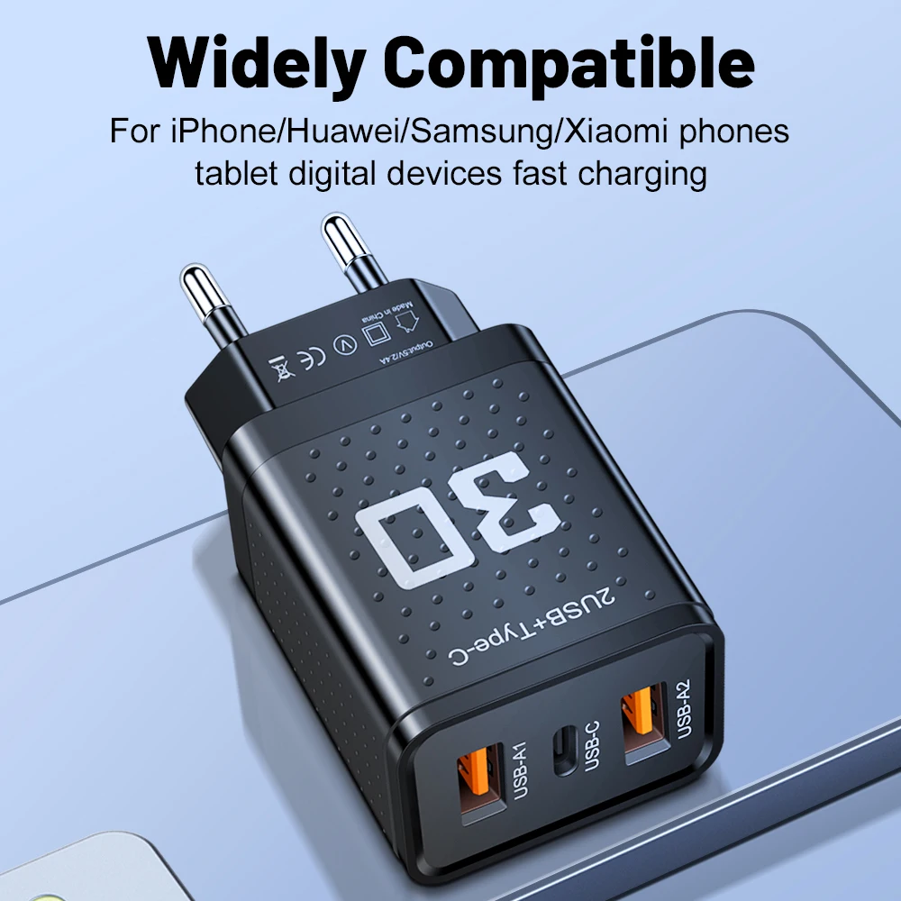 Cargador USB tipo C de carga rápida, adaptador de pared de 3 puertos para iPhone, Samsung, Xiaomi, Huawei, enchufe europeo y estadounidense, 30W