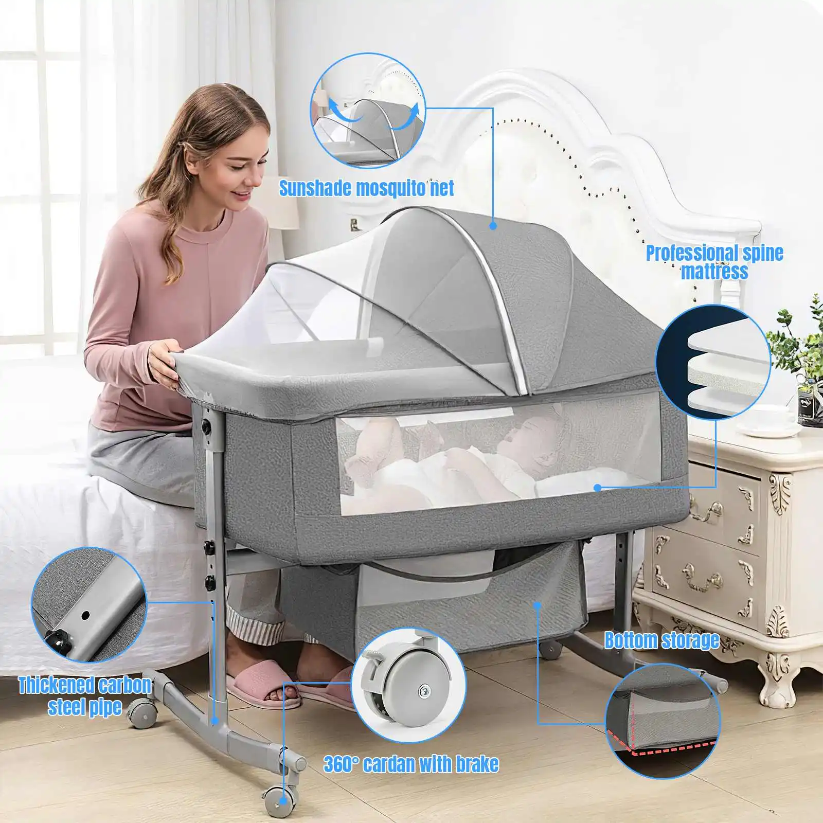 Cuna para bebé 3 en 1, cama para bebé, cuna junto a la cama, parque infantil de 0 a 3 años, plegable y de elevación multifunción con mosquitera y rueda
