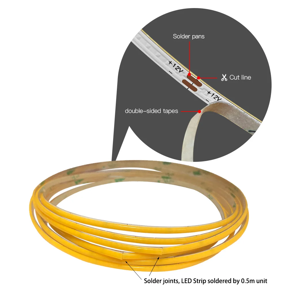 Tira de luces LED COB súper fino de 5V y 3mm para decoración DIY de juguetes, luces de cinta flexibles blancas frías alimentadas por batería USB de 480LED/m, color rojo