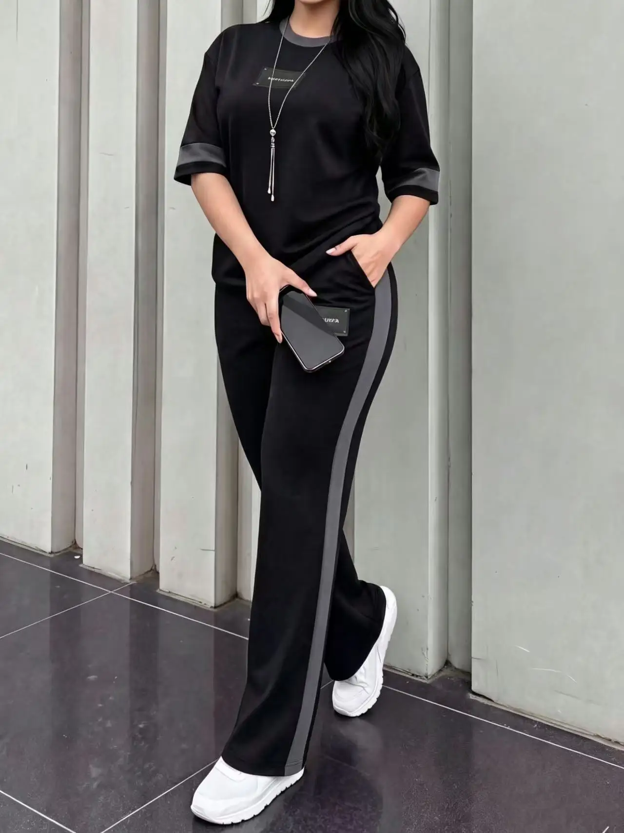 Conjunto de Dos Piezas para Mujer, Primavera/Verano, Camiseta de Cuello Redondo y Manga Corta, Pantalones Largos Holgados con Cintura Elástica, Estilo Casual Diario