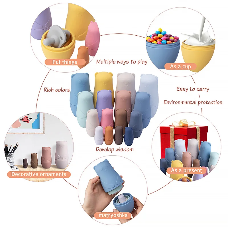 1 Juego de muñecas anidadas Montessori, juguete ruso Matryoshka, juguetes educativos para niños, bloques de apilamiento de silicona, muñeca interior