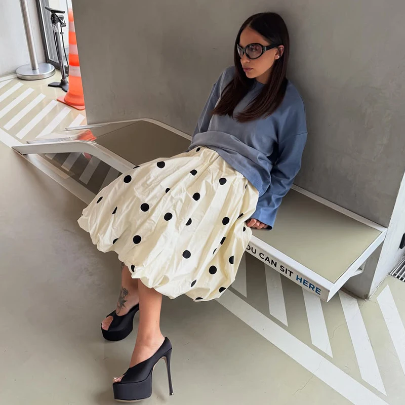 Falda Midi de Burbujas con Estampado de Puntos para Mujer, Elegante Falda de Verano con Cintura Alta, Estilo Vintage, para Vacaciones y Fiestas