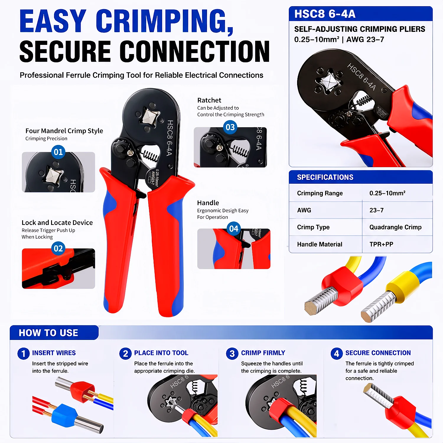 Juego de Herramientas para Crimpar Terminales, Conectores de Cable Aislados de 0.5-10mm², Fundas para Cables Dobles para Cableado de Paneles Eléctricos