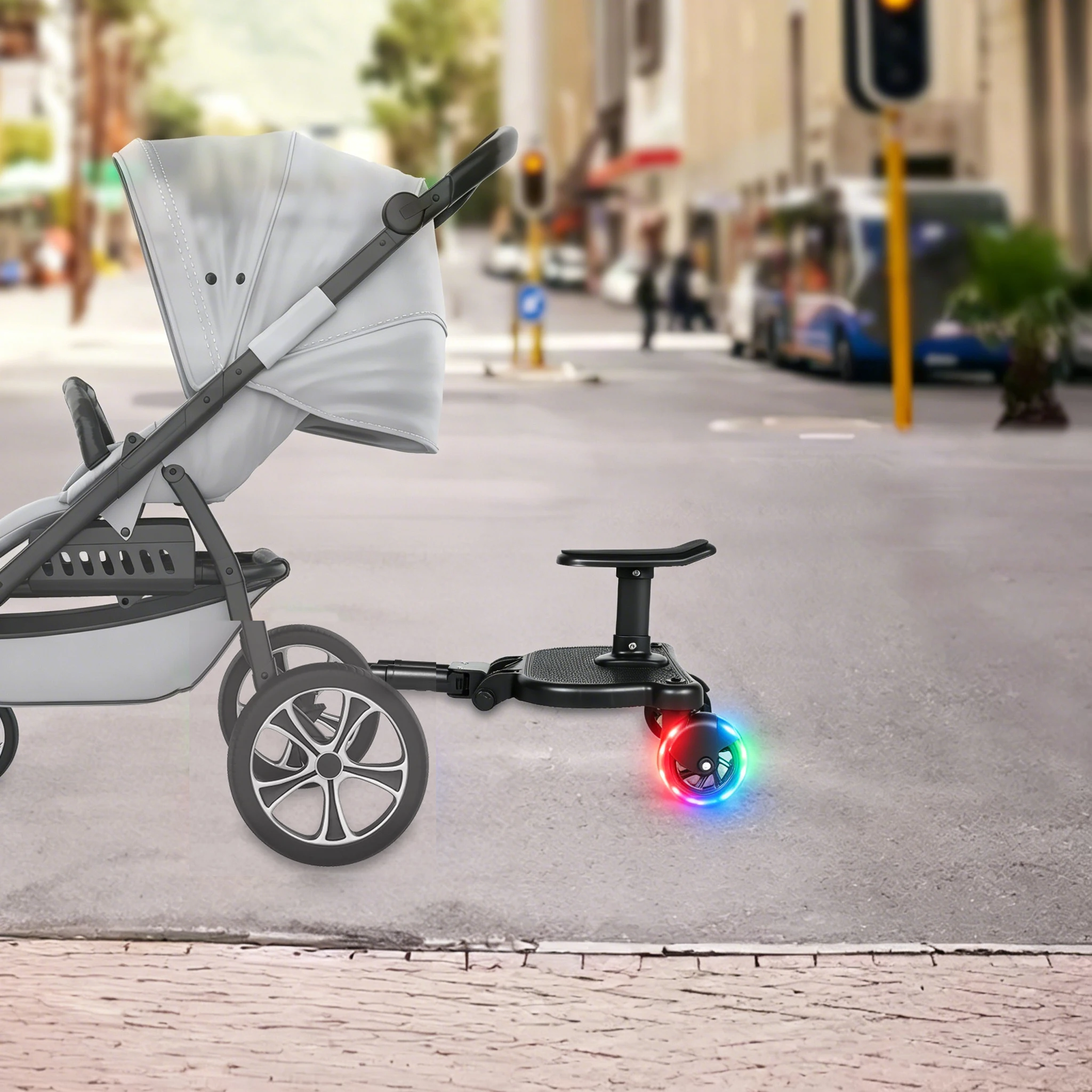 Plataforma Universal para Cochecito con Asiento, Adaptador de Plataforma para Cochecitos, Plataforma para Niños con Ruedas LED, Soporta hasta 55 Libras