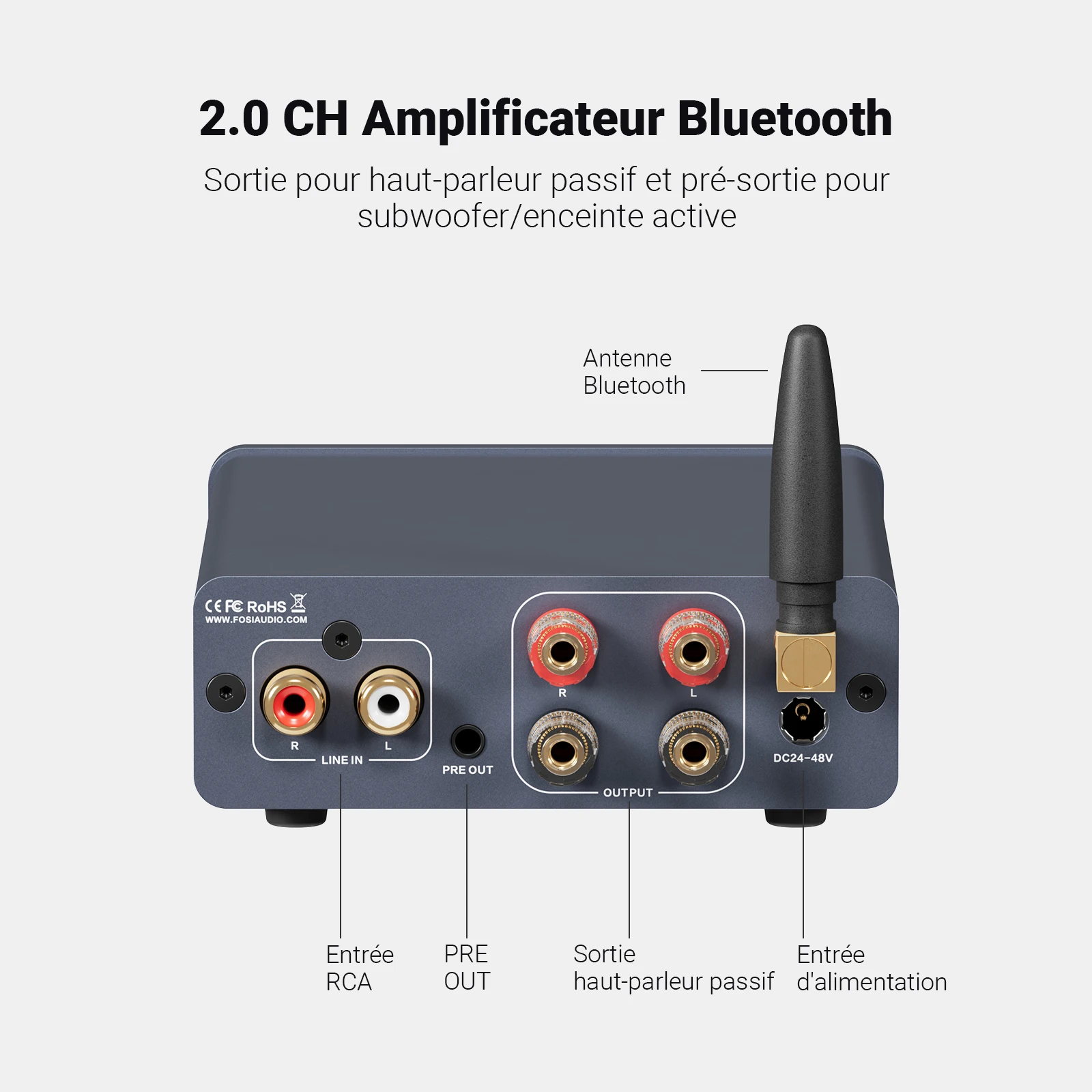Amplificador de Sonido Bluetooth Fosi Audio TPA3255, 300W x2, Mini HiFi Estéreo Clase D, Bajos y Agudos, para Cine en Casa