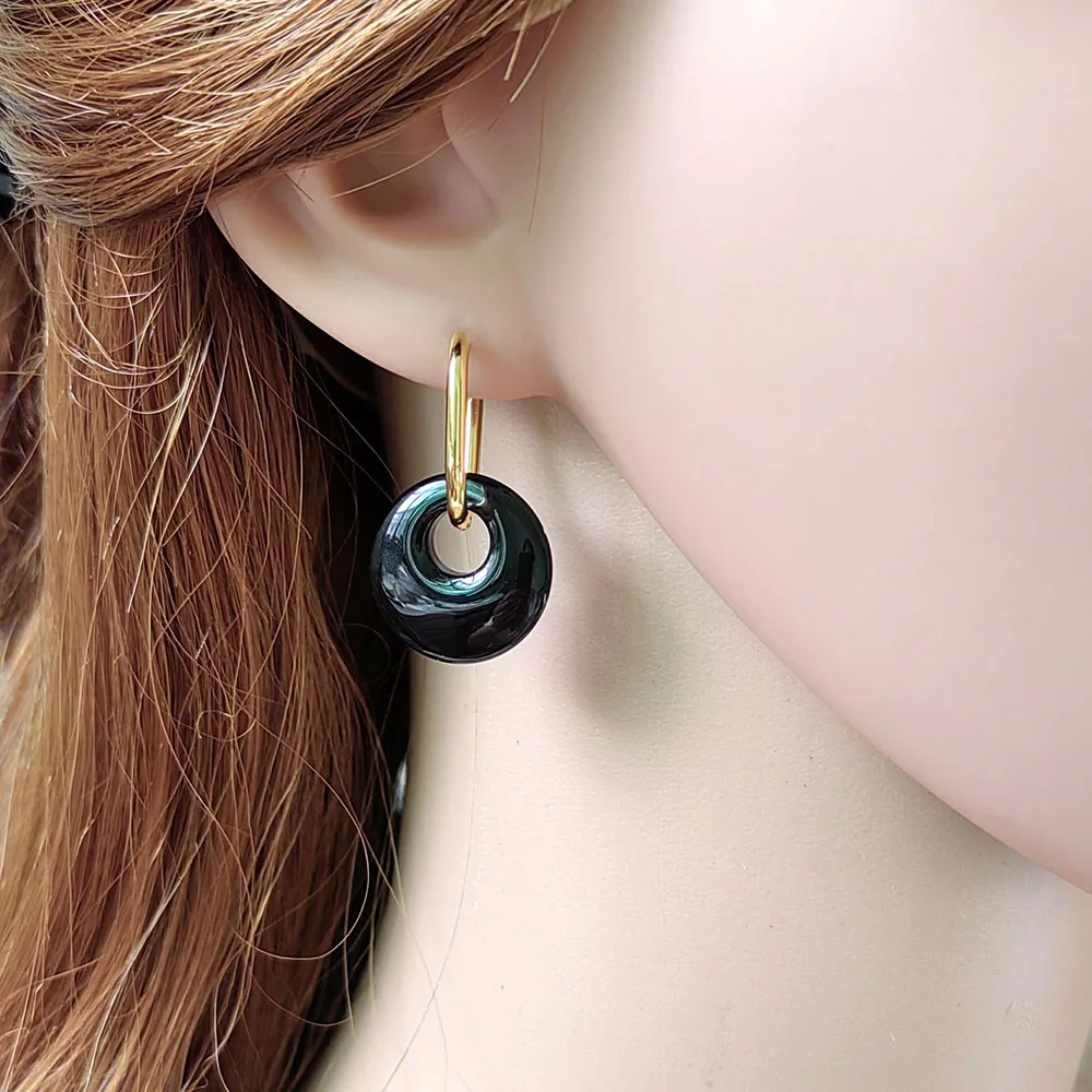 Pendientes de aro en forma de U de acero inoxidable con piedra natural de nueva tendencia para mujer
