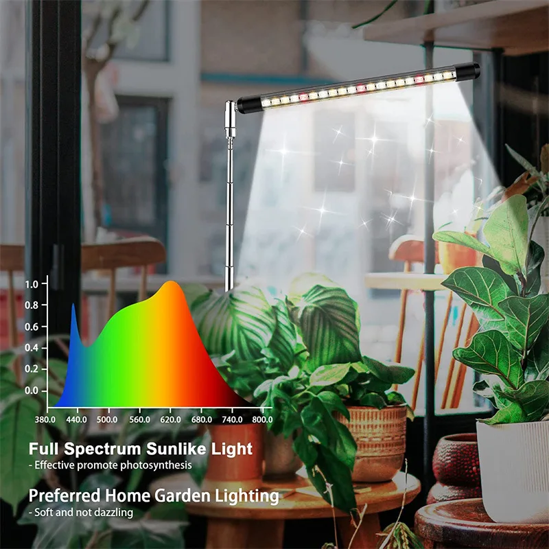 Lámpara LED de Cultivo para Plantas de Interior, Espectro Completo, Regulable, con Temporizador, para Plántulas, Vegetales y Flores, Altura Ajustable