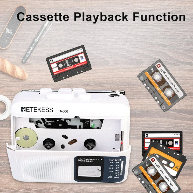 Retekess TR606 Radio de reproducción de casete blanco FM/AM grabadora de voz portátil compatible con micrófono incorporado/externo grabación USB C