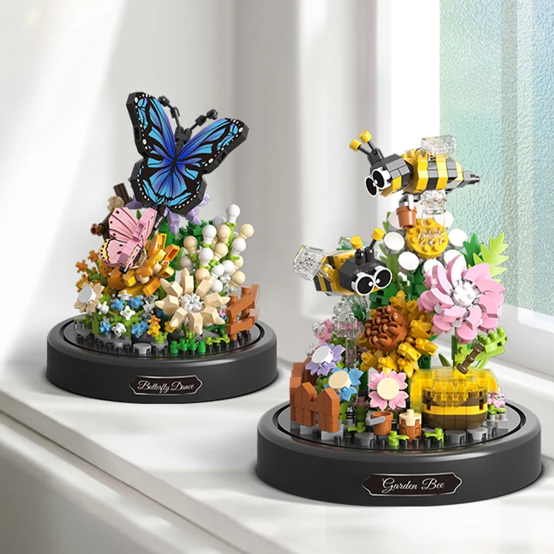 Bloques de Construcción de Bonsái de Flores y Mariposas, Modelo de Planta en Maceta con Cubierta Antipolvo, Juguete Educativo DIY, Regalo Navideño