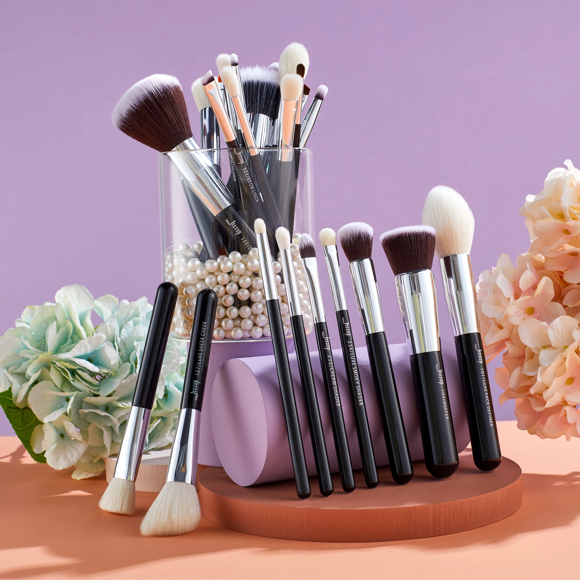 Jessup-Juego de brochas de maquillaje, base en polvo, brocha de maquillaje profesional, licuadora de contorno, sombra de ojos, colorete, 25 uds., cabra sintética T175