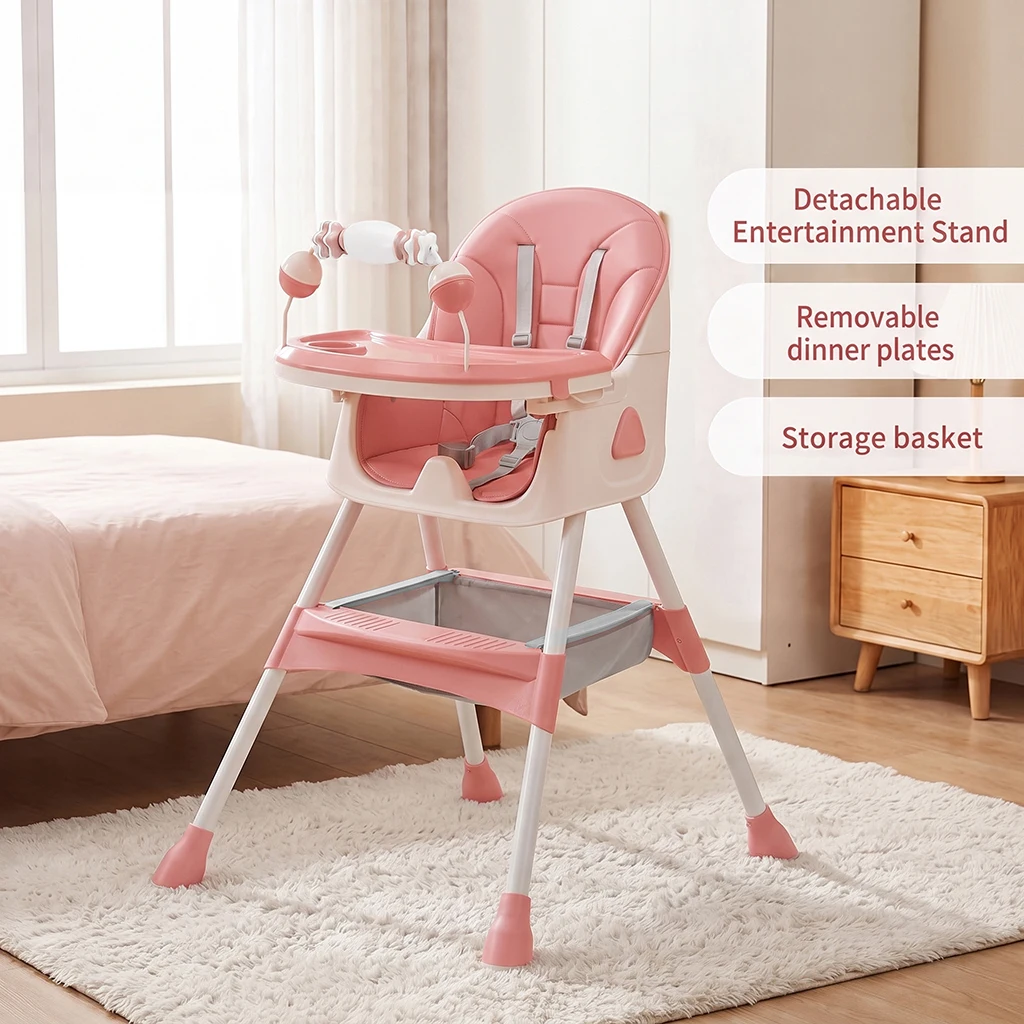Silla Alta Plegable para Bebé a partir de 6 Meses, con Amplia Almohadilla Antideslizante y Porta Juguetes, Fácil de Limpiar, E500
