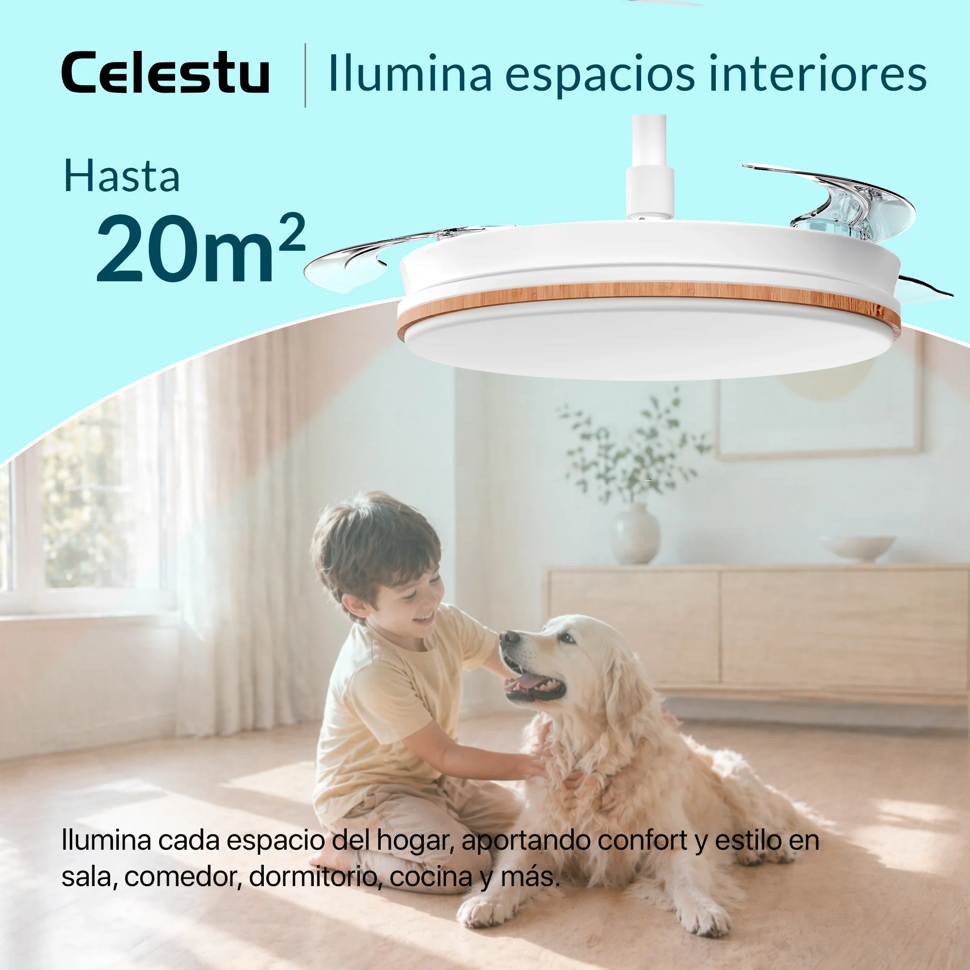 Ventilador de techo con luz led con mando,temporizador, 8 velocidades, aspas retráctiles, 3 temperaturas de luz, CCT Silencioso, Intensidad Regulable