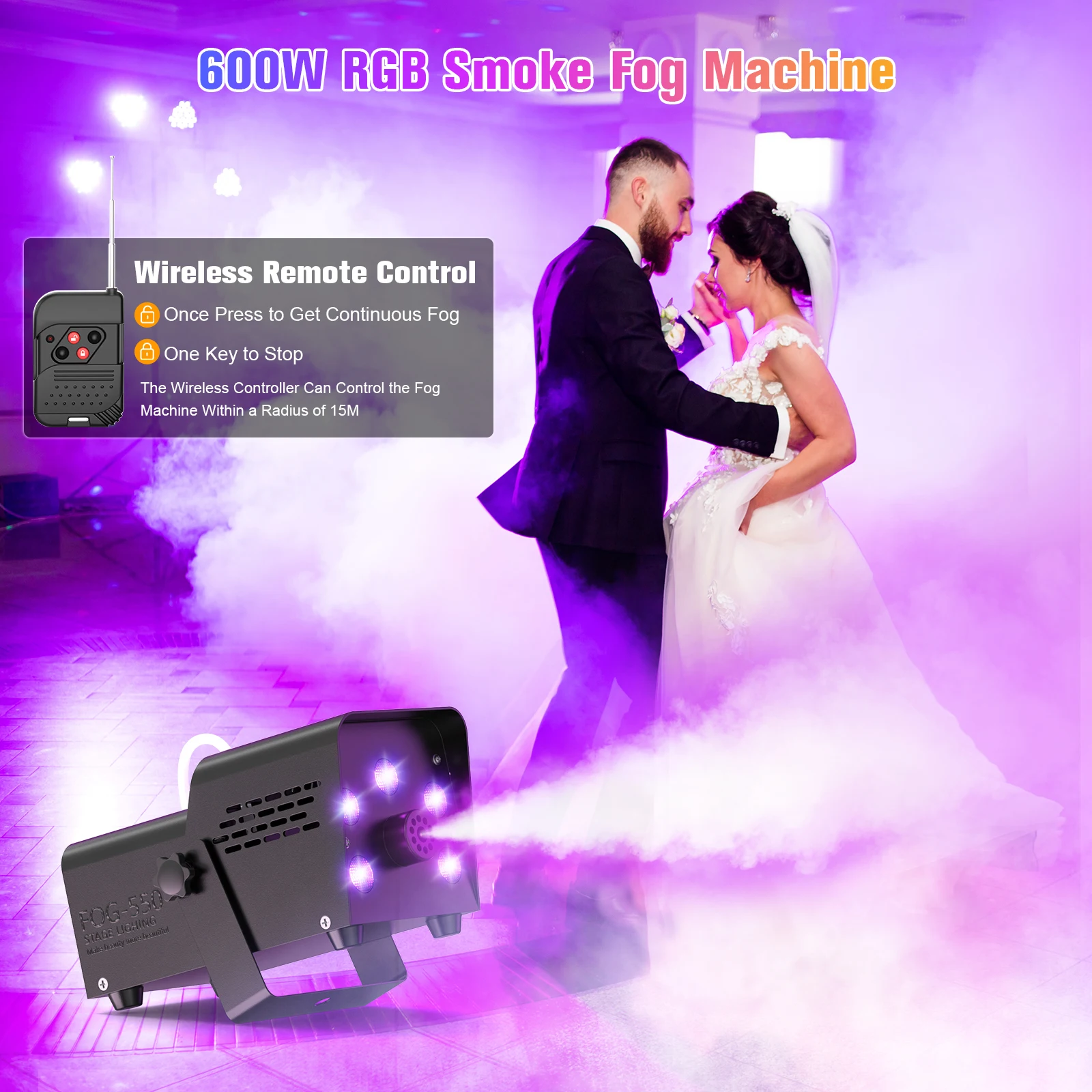 Máquina de Humo Gwong de 600W con 5 LED RGB de Colores, Generador de Niebla para Efectos Especiales en Escenarios, Bodas, Halloween y Espectáculos de DJ