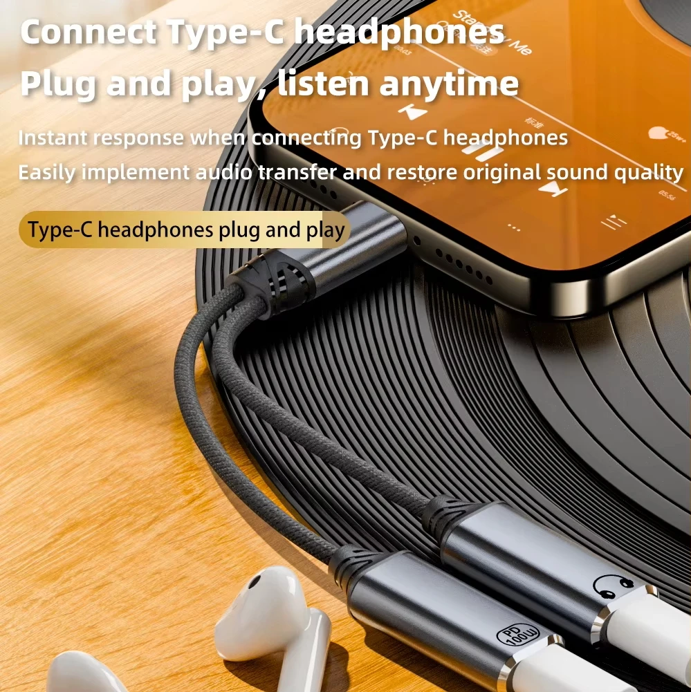Adaptador de cargador y auriculares USB C 2 en 1 USB C a conector de audio auxiliar con cable Dongle de carga rápida PD 100W para Galaxy S23