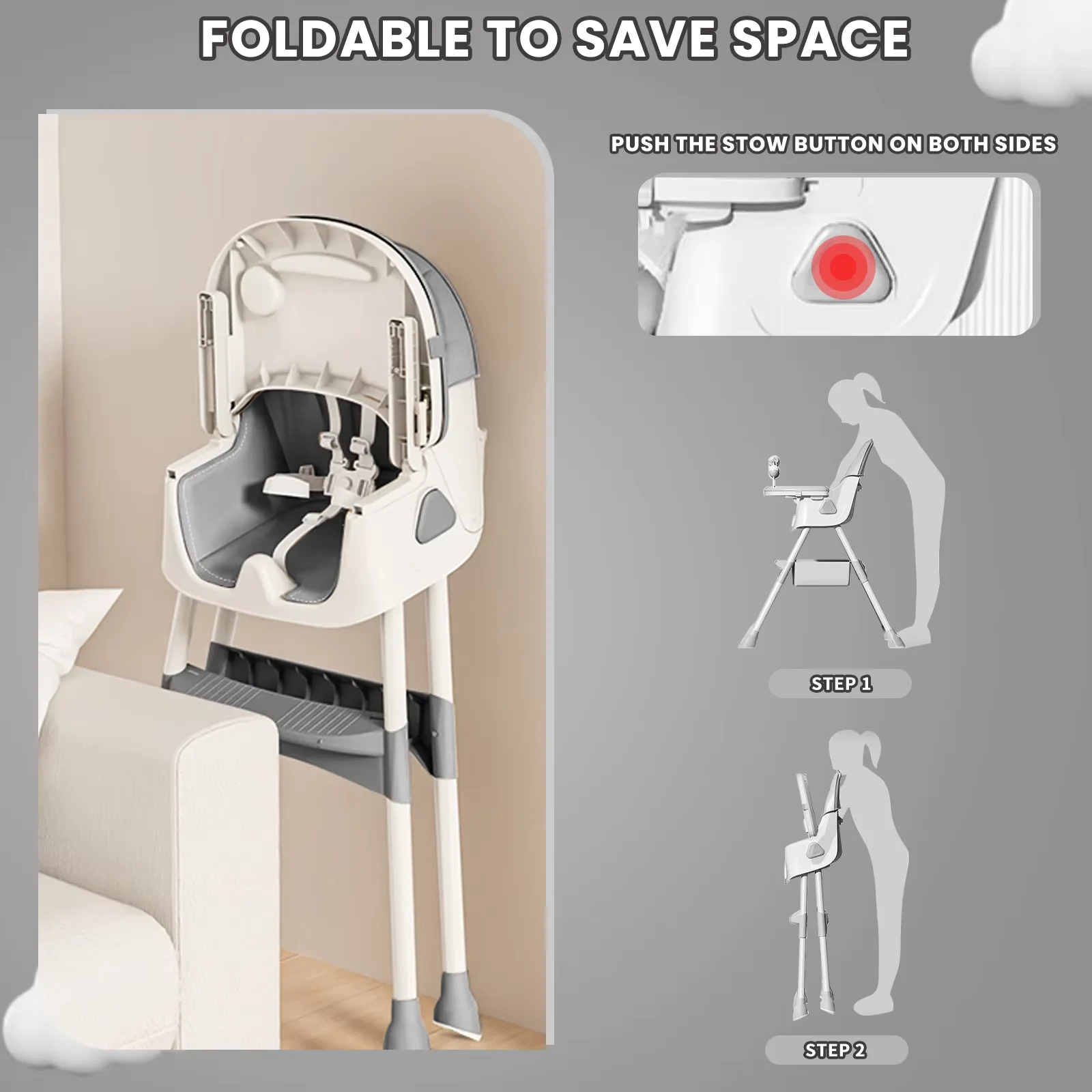 Trona plegable para bebé (6+ meses): almohadilla antideslizante grande, estante para juguetes y diseño de alimentación fácil de limpiar - Modelo E500
