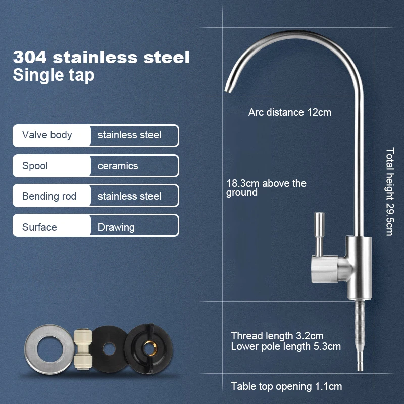 Grifo de agua de cocina de acero inoxidable 304, cromado, conexión de 1/4 pulgadas, grifo de ósmosis inversa para purificador de agua potable