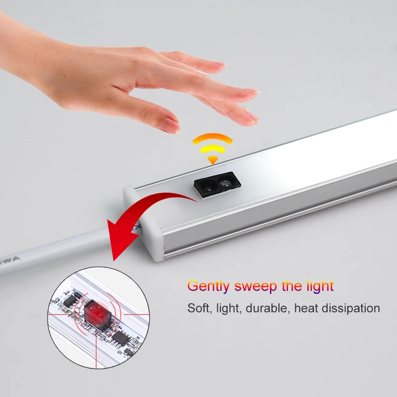 Luz LED de 5W/6W/7W para debajo del gabinete con interruptor de encendido por movimiento de la mano y sensor PIR, luces LED para debajo del gabinete de cocina, luces nocturnas LED.