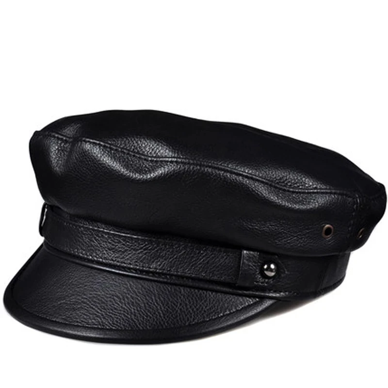 2025 invierno hombres/mujeres sombreros de cuero genuino azul marino Unisex ropa de calle europea/americana gorras negras ajustadas con cinturón Gorro al aire libre