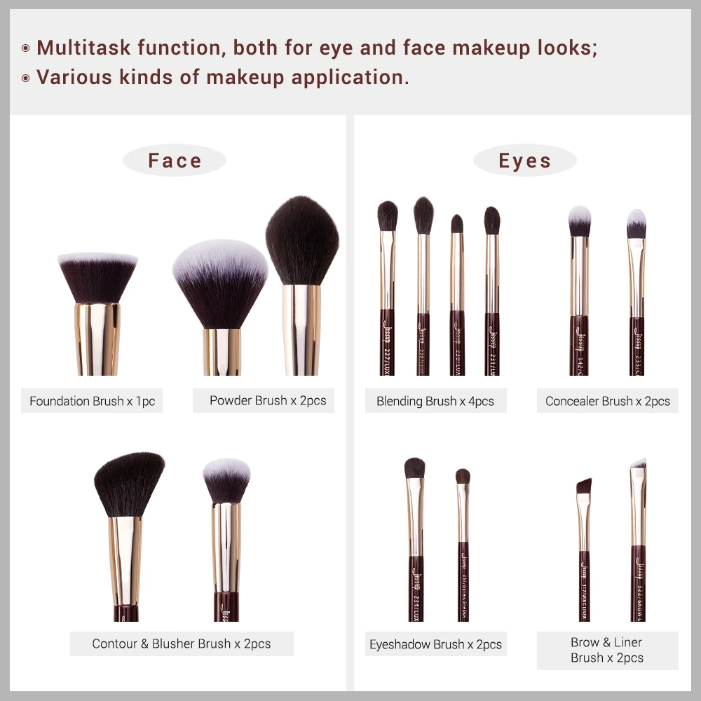 Jessup-Juego de brochas de maquillaje profesional, 15 piezas, sombra de ojos, delineador, base, colorete, mezcla