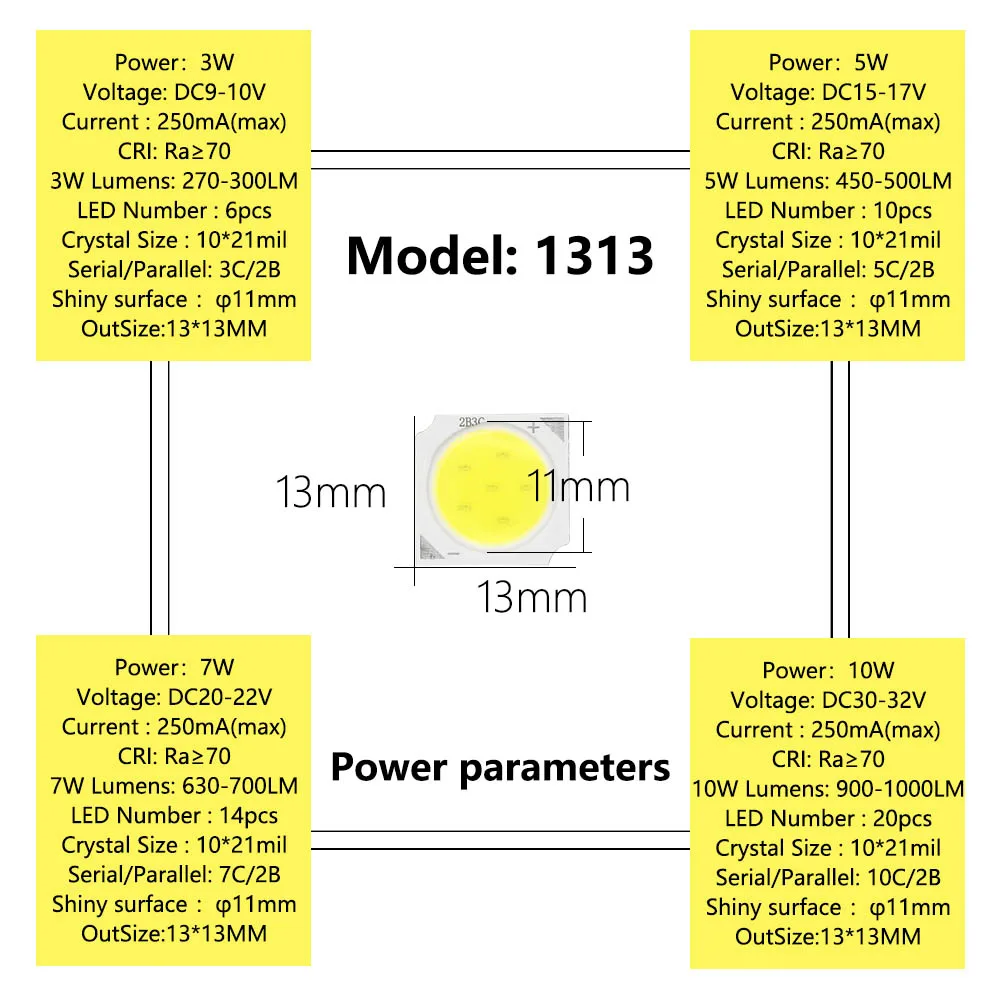 10 unidades de chips LED COB de 3W/5W/7W/10W, fuente de luz LED de 13mm para bombillas LED, lámparas, focos, luces empotradas y diodos LED