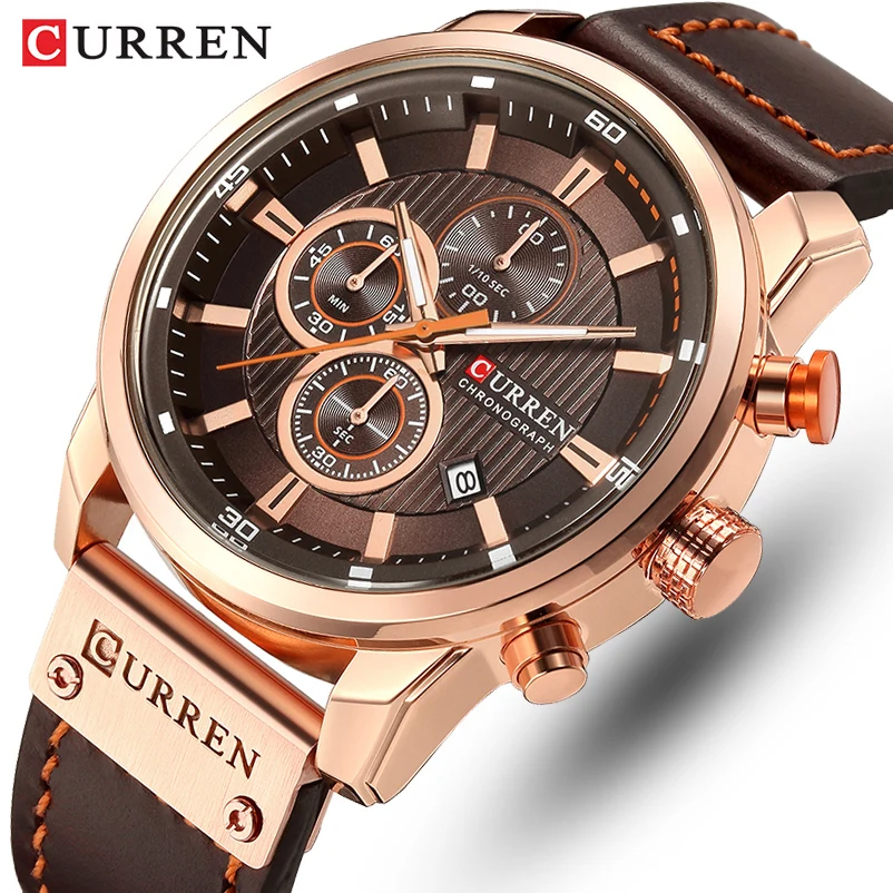 CURREN-reloj deportivo de cuero para hombre, cronógrafo de cuarzo, militar, Masculino