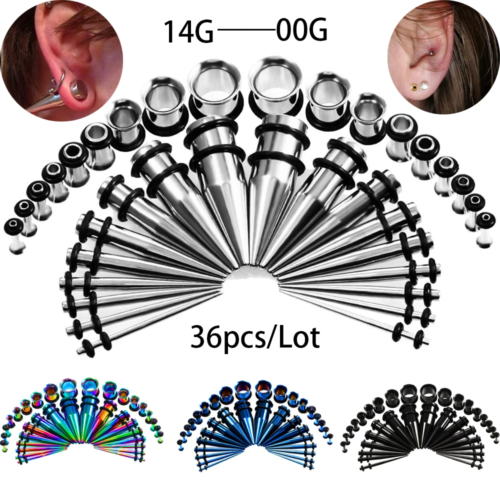 Juego de dilatadores de oreja de acero inoxidable, Kit de estiramiento, Tapers, ojales, tapones, expansor, Piercings corporales, 14G-00G, 36 unidades por lote