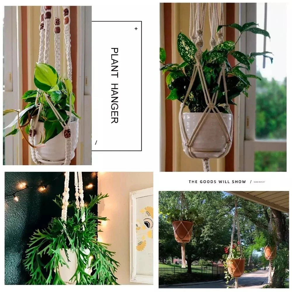 Planta colgante hecha a mano, macramé, colgador de plantas, maceta, decoración de pared, patio, jardín, maceta colgante, cesta colgante